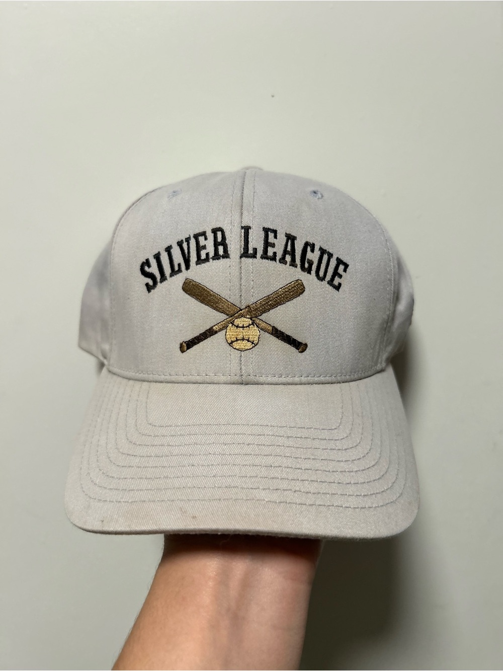 vintage grey silver league baseball cap green underbrim